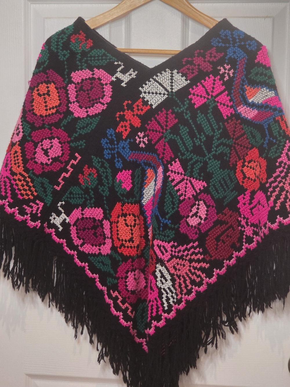 Mexican Black Floral Embroidered Fringe Poncho Sweater - Multicolor